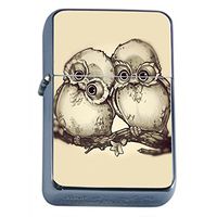 Cute Owls Flip Top Oil Lighter S1 Smoking Cigarette Smoker Includes Silver Case