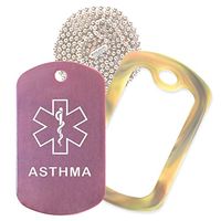 Asthma Medical Alert ID Necklace with Pink Tag, Camo Forest Silencer, and 30'' USA Chain - 154 Color Choices