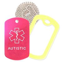Autistic Medical Alert ID Necklace with Pink Hot Tag, Yellow Silencer, and 30'' USA Chain - 154 Color Choices