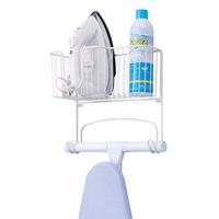 mDesign Metal Wall Mount Ironing Board Holder with Large Storage Basket - Holds Iron, Board, Spray Bottles, Starch, Fabric Refresher for Laundry Rooms - White