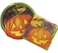 Halloween Pumpkin Party Supplies, Disposable Plates and Napkins; Jack-o-Lantern and Bats; 2-pc: