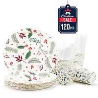 Party Paper Plates, Cups, Flatware, 120-Piece Christmas Disposable Dinnerware Set, Christmas Holly Design, Includes 9-Inch Dinner Plates, 9oz Cups, Knives, Forks, and Spoons, Serves 24…