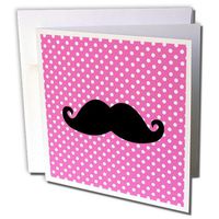 3dRose Funny Black Mustache on Pink Polka Dots - Greeting Cards, 6 x 6 inches, set of 12 (gc_110762_2)