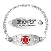 Divoti Custom Engraved Medical Alert Bracelets for Women, Stainless Steel Medical Bracelet, Medical ID Bracelet w/Free Engraving – Lovely Filigree Tag w/Handmade Byzantine-Red-8.0"