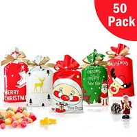 50 Pcs Christmas candy bag Christmas treat bags Candy Goodies Plastic Drawstring Gift Bags Merry Christmas Treat Bags for Birthday Party Snack Wrapping Wedding Gift Party Favor Merry X-mas