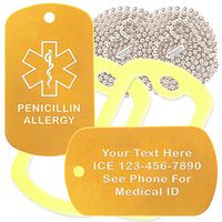 Custom 2 Pack - Penicillin Allergy Medical Alert ID Necklaces with Gold Custom Tags, Yellow Silencers, and 30'' USA Chains