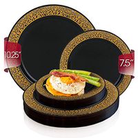 Elegant Disposable Plastic Heavy Duty Party Plates 240 Count - 120 Pcs Round Black with Gold Lace Dinner Plates + 120 Pcs Fancy Dessert Salad Plates For Wedding, Thanksgiving, Birthday & All Occasions