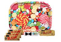 Leaf Lock Gear Mini Rolling Tray(Candy), RAW Natural Unrefined 1 1/4 (3 Packs),RAW 1 1/4 Size Metal Paper Case, with Hippie Butler Grinder Card- 6 Item Bundle