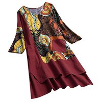 Fitfulvan Women's Cotton and Linen Pocket Dress Print Stitching Half Sleeve Skirt Leisure Loose Bohemian Dress Wine