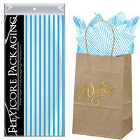 Flexicore Packaging Natural Brown Kraft Paper Welcome Bags & Turquoise Gift Wrap Tissue Paper | Size: 5.25 Inch X 3.25 Inch X 8.25 Inch | Count: 5 Bags | Color: Turquoise Pin Stripe
