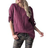 Women's Casual Solid Shirts Plus Size Retro Loose O-Neck Middle Sleeve T-Shirts Top Blouse Summer Spring Tees S-5XL (Hot Pink, XXXXXL)