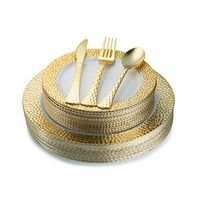 Hammered Gold Plastic Plates & Silverware Set, Elegant Plates Set (100 Piece) Service For 20 Guests Includes 20 Dinner Plates 20 Dessert Plates 20 Forks 20 Spoons 20 Knives