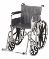 Wheel Chair - Folding wheel chair with swing away legs, heel loop and 24" mag wheels with solid tires. Black leatherette seat upholstery. Available in 20" wide. The 20" wide has double cross bars for extra strength and will hold up to 300 lbs.