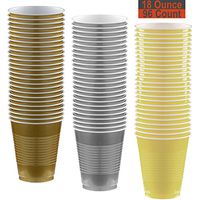 18 oz Party Cups, 96 Count - Gold, Silver, Light Yellow - 32 Each Color
