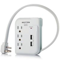 BESTTEN Travel Power Strip Surge Protector, Dual USB Charging Ports and 3 Outlets, 300 Joules, 18in Short Wrapping Cord, Ultra-Compact for Home/Office/Cruise Ship/Nightstand, ETL Certified, White