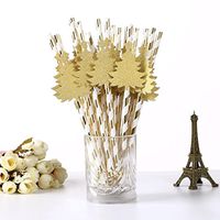 Snowfoller 25PCS Christmas Gold Silver Striped Drink Paper Straws with Christmas Tree for Fall Autumn Wedding Birthday Party Supplies (Gold)