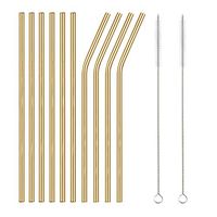 TDGOM 5 Color 12-Pack Stainless Steel Metal Straws Reusable with 2 Cleaning Brushes - Curved Drinking Straws for 20oz Tumblers Dishwasher Safe (Gold)