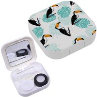 Portable Contact Lens Case Box Travel Kit Mirror + Bottle + Tweezers Container Holder [ Leaves Monstera Toucan ]