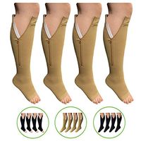 HealthyNees Open or Closed Toe 20-30 mmHg Zipper Compression Medical Leg Socks (2 Pairs Open Toe Beige, 3X-Large)