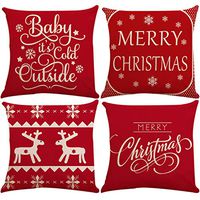 Indexshop Christmas Pillow Covers Set of 4 Red Merry Snowflakes Happy Winter Let It Snow Red Cotton Linen Throw Pillow Case, Square Throw Waist Cushion Cover Pillowcase 18"x 18" (Multicolor)