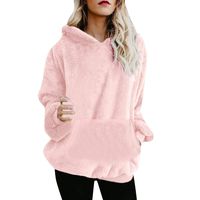 Lloopyting Women's Winter Hooded Sweatshirt Long Sleeves Faux Shearling Shaggy Warm Pullover Zipped Up with Pockets Tops Pink