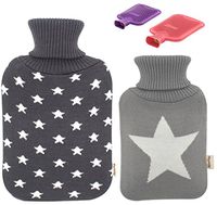 Premium Classic Rubber Hot Water Bottle and Star Print Knit Cover (2L + 1L, Dark Gray + Light Gray)