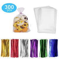 300 Pack Clear Candy Bags Clear Cellophane Bags 2"x10" Cookie Bags With 3.1" Twist Ties 6 Mix Colors - 1.4mils Thickness OPP Plastic Bags for Wedding Birthday Cake Pops Gift Supplies(8"x10")