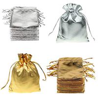 FineInno 100 Packs Gold and Silver Drawstring Organza Pouches Jewelry Gift Bags Candy Party Wedding Favor Present Christmas Halloween Bags (7X9cm)