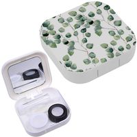 Portable Contact Lens Case Box Travel Kit Mirror + Bottle + Tweezers Container Holder [ Green Floral ]