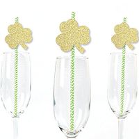 Gold Glitter Shamrocks Party Straws - No-Mess Real Gold Glitter Cut-Outs & Decorative St. Patrick's Day Party Paper Straws - Set of 24
