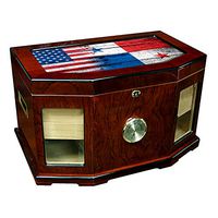Large Premium Desktop Humidor - Glass Top - Flag of Panama (Panamanian) - Wood with USA Flag - 300 Cigar Capacity - Cedar Lined with Two humidifiers & Large Front Mounted Hygrometer.