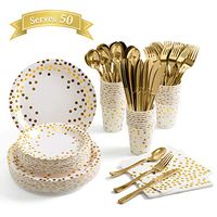 350 Piece Gold Party Supplies - Disposable Dinnerware Serves 50 Guest - Gold Dot Paper Plates Napkins Cups with Gold Plastic Silverware for Wedding Bridal Shower Birthday Holiday Parties
