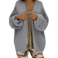 HNTDG Women Casual Solid Color Openwork Open Front Long Sleeve Knitted Sweater Loose Cardigan Gray