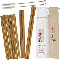 Organic Bamboo Reusable Straws | Pack of 10 variety sizes, 6, 8, 9” | Reusable | Biodegradable | Disposable | Alternative for Plastic Straws | 2 Straw Brushes, With Case By Baum Bueno
