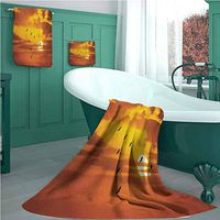 Birds 100% Cotton 3-Piece Towel Set, V Shaped Formation Flying in Cloudy Scenic Sky with Majestic Sunset Cloudscape Print, Sand Free Towel for Beach, Travel, Swim, Pool, Camping Orange