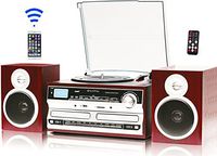 Techplay ODCR238WD SP High power (50W RMS) NFC Bluetooth system, 3 speed turntable, Double CD Burner/Player, SD & USB slots. AM/FM preset radio. Headphone , RCA Audio out & AUX in. Remote, In Wood
