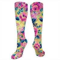 Knee High Compression Socks 15-20 mmHg Best Medical Nursing for Men & Women - Pink Wild Flowers Gold Striped Plaid Galaxy Long Stockings for Athletic/Varicose Veins