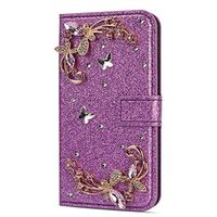 Amocase Glitter Case with 2 in 1 Stylus for Samsung Galaxy J3 2018,Luxury Diamond 3D Crystal Butterfly Flower Magnetic Wallet Leather Stand Case for Samsung Galaxy J3 2018 - Purple