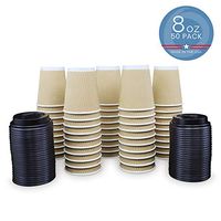 Set of 100 Ripple Insulated Kraft 8oz Paper Cups with 100 Black Lids for Hot Drinks-Tea & Coffee (no Sleeve Needed)
