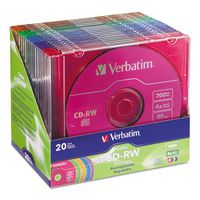 CD-RW Discs, 700MB/80min, 4X, Slim Jewel Case, Assorted Colors, 20/Pack, Sold as 1 Package, 20 Each per Package