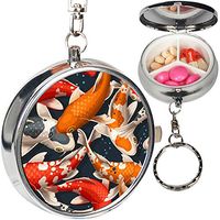 Portable Metal Pill Organizer Keychain Case Stash Box with 3 Compartments for Medicine Vitamin (Koi Carps)