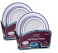 Laura Stein Designer Dinnerware Set of 80 Premium Plastic Wedding/Party Plates: White, Blue Rim. Set Includes 40 10.75" Dinner Plates & 40 7.5” Salad Plates | Classic Series
