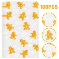 Whaline 100 Pcs Christmas Cellophane Bags with 100 Gold Twist Ties, Xmas Clear Candy Cookie Treat Bags for Christmas Party Supplies (Gingerbread Man)