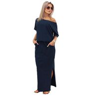 Gloous Women's Summer Casual One Off Shoulder Long Maxi Boho Evening Party Dress (L, Navy Blue)