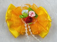20pcs Ribbon Organza 3 Flowers Mahogany Pearl Flowers Bows Wedding Appliques (Yellow)