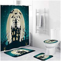 Naiflowers 4 Piece Halloween Bath Shower Curtain Sets, Bathroom Shower Curtain & Toilet Mat & Lid Cover & Non Slip Rugs, Washable Shower Bath Curtain Carpet for Tub Entry Living Room (G)