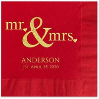 Canopy Street Mr and Mrs Hearts Personalized Luncheon Napkins - 100 Claret Red Paper Coined Napkins with a Choice of foil. 6 1/2'' x 6 1/2'' Folded, Made in The USA