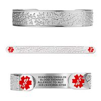 Divoti Custom Engraved Medical Alert Bracelets for Women, Stainless Steel Medical Bracelet, Medical ID Bracelet w/Free Engraving - Lovely Filigree Olive w/ 6" Cuff (fits 6.5-8.0")-Stainless/Red