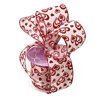 Valentine's Day Hearts Wired Ribbon – 2 1/2" x 10 Yards, Metallic Red Glitter Hearts on White Ribbon, Décor, Gift Wrap, Hair Bow, I Love You, Bows