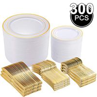300 Pieces Gold Plastic Plates with Disposable Silverware, 60 Guests Tableware Set include: 60 Dinner Plates 10.25", 60 Dessert Plates 7.5", 60 Forks, 60 Knives and 60 Spoons